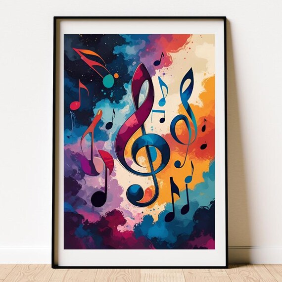 Colourful Treble Clefs on Watercolour Cloud Notes Music Poster