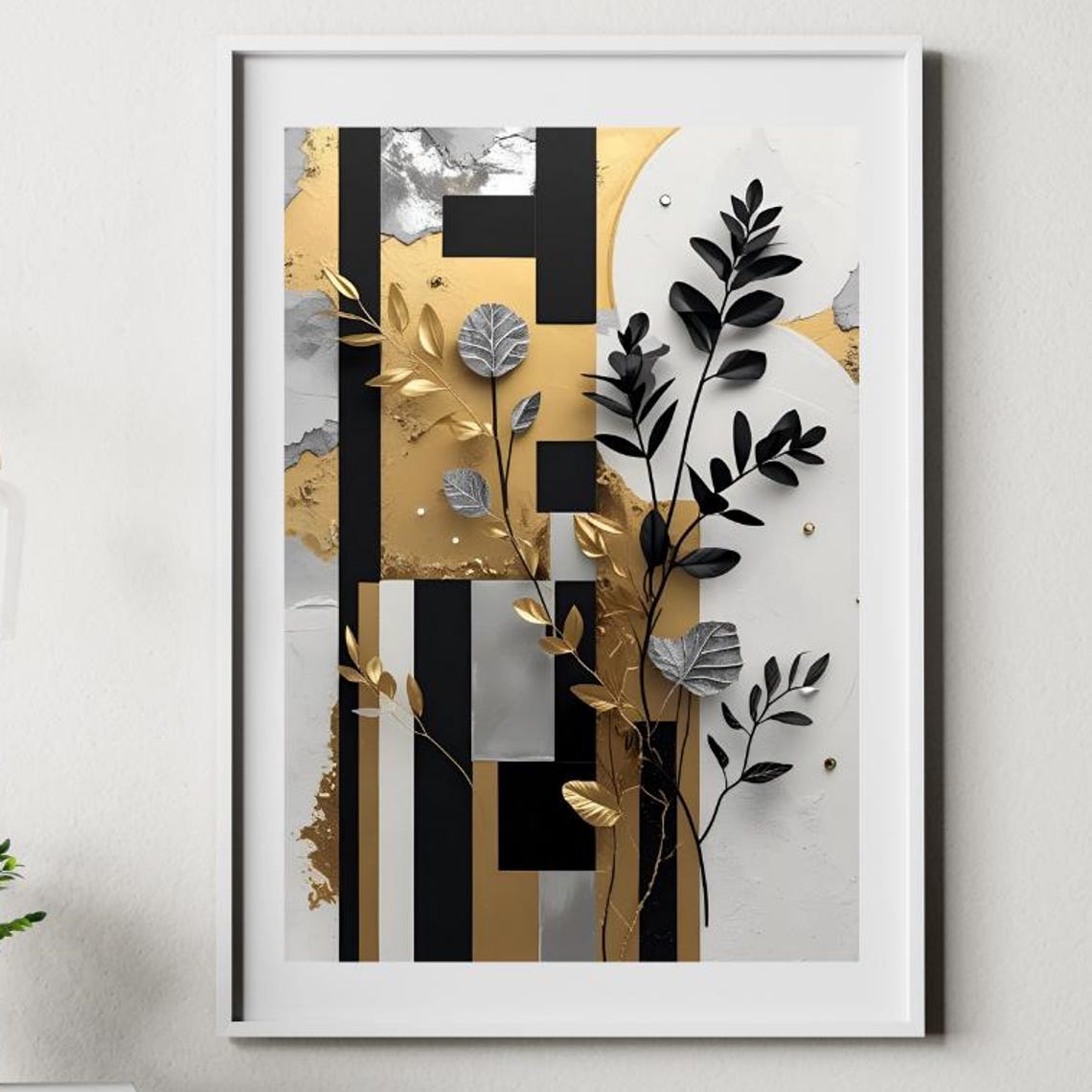 Golden Black Silver Botanical Geometric Mid Century Modern Poster