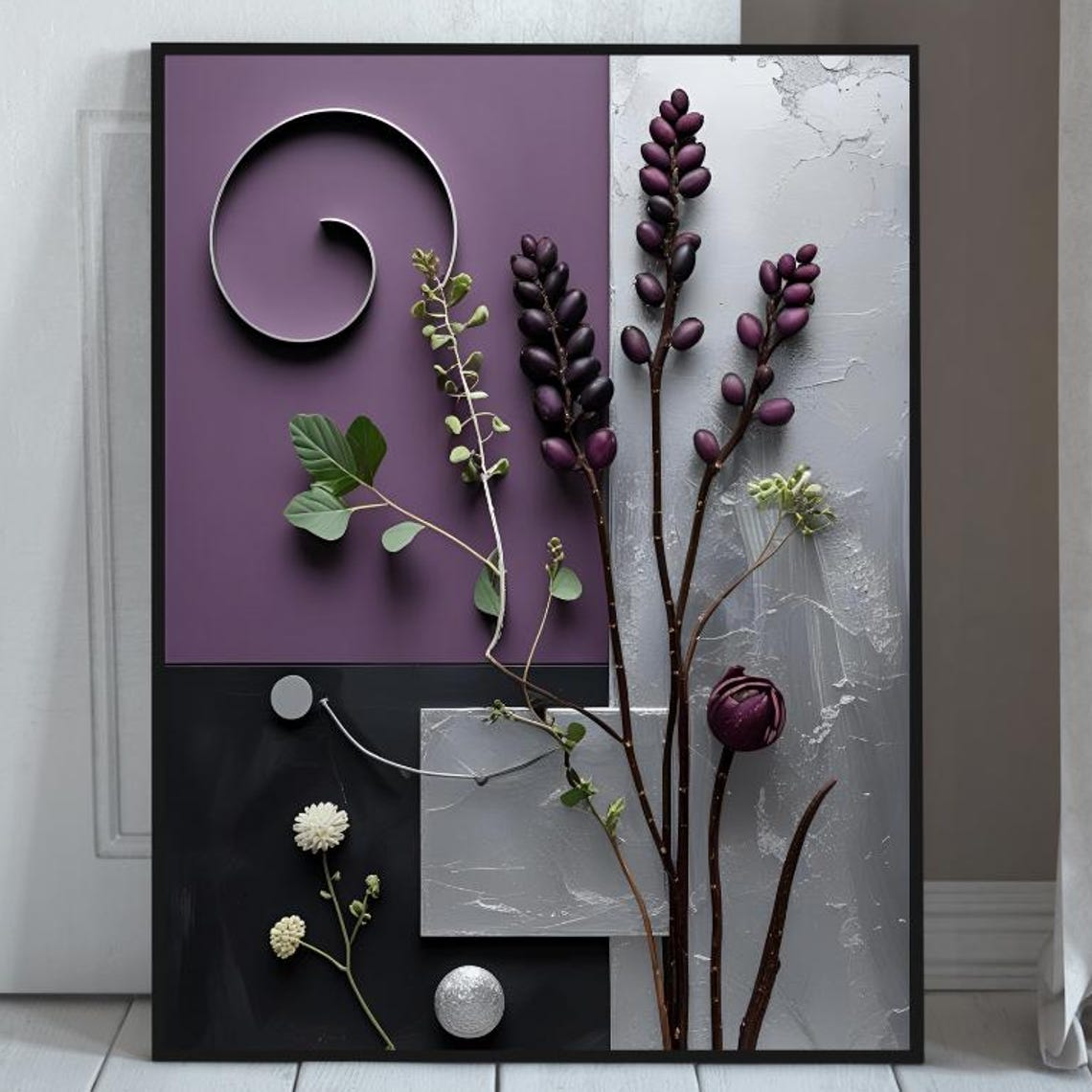 Deep Purple Berry Branch Spiral Geometric Abstract Art Poster
