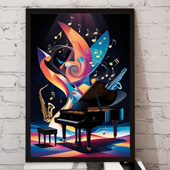Grand Piano and Saxophone on Swirling Neon Stage Jazz Art Poster