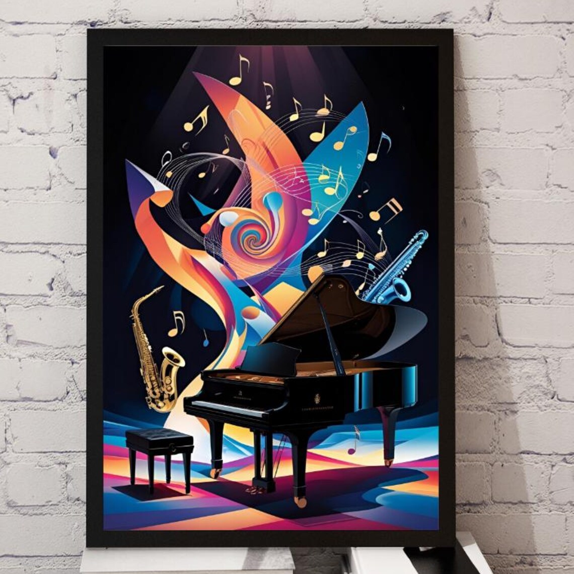Grand Piano and Saxophone on Swirling Neon Stage Jazz Art Poster