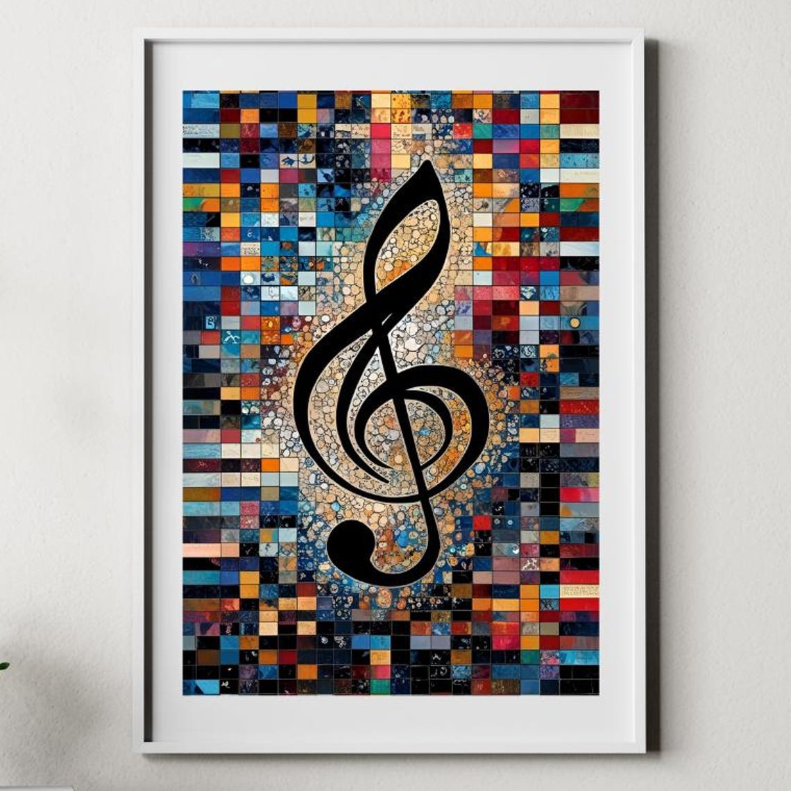 Bold Black Treble Clef on Rainbow Mosaic Music Notes Art Poster