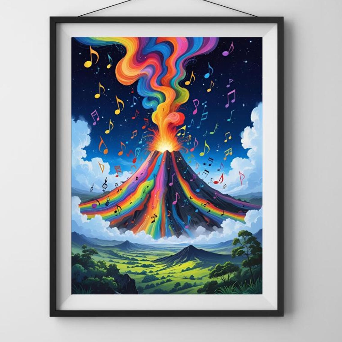 Rainbow Volcano Erupting Music Notes into Starry Night Poster