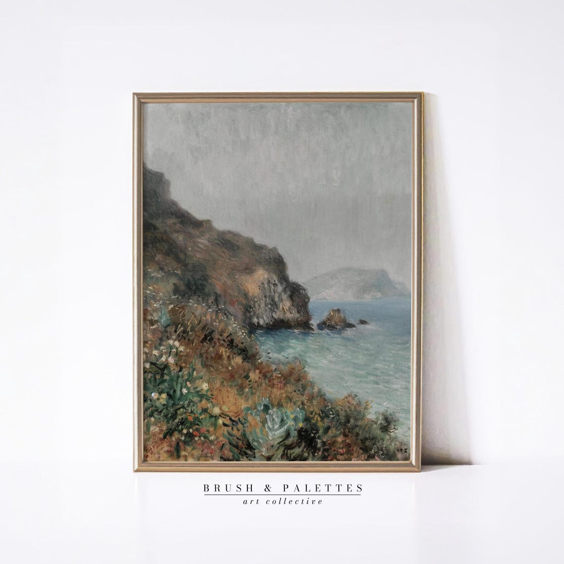 Misty Coastal Cliffside Seaside Rocks Fog Vintage Landscape Art Poster