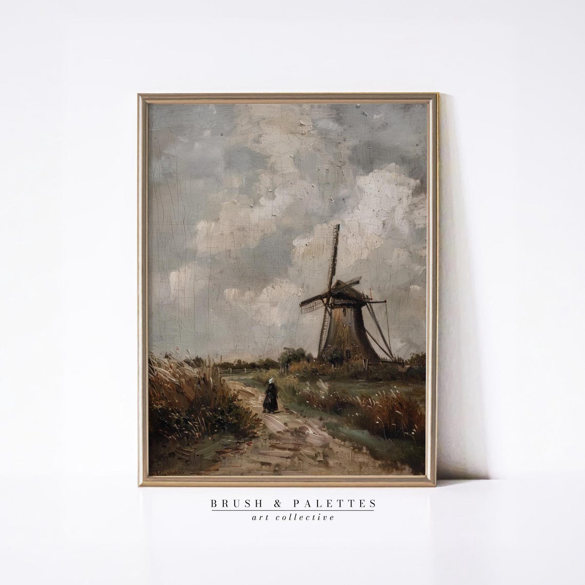 Dutch Windmill Beside Country Path Figure Overcast Sky Print