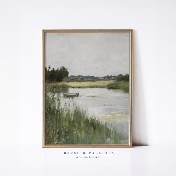 Rowboat On River Landscape Print Countryside Nature Scene Wall Decor Peaceful Art For Farmhouse Rustic Lodge Homes