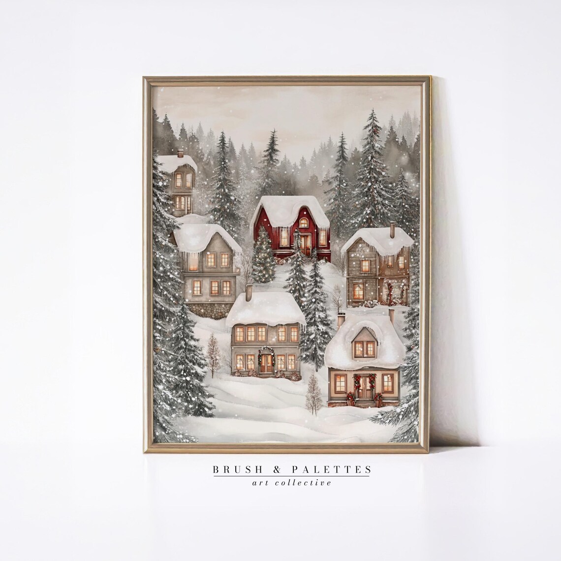 Snowy Christmas Village Cottages Winter Night Cozy Holiday Wall Art