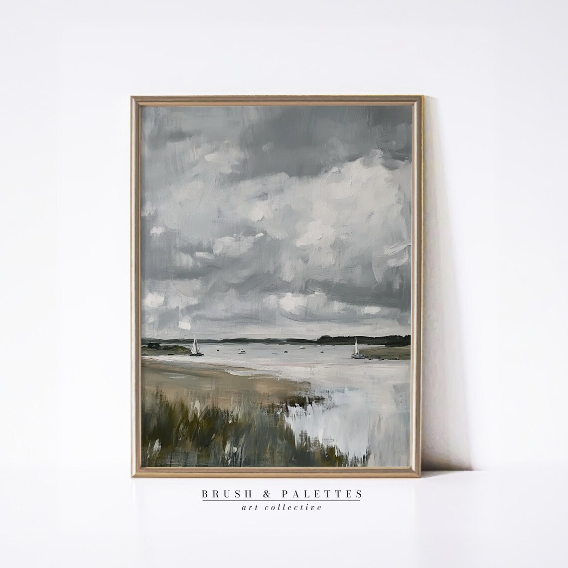 Moody Harbor Sailboats Under Gray Clouds Oil Painting Art Poster