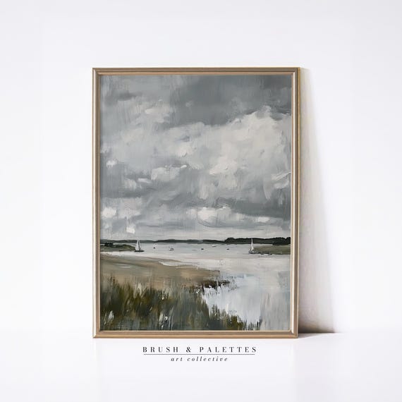 Gray Sailboats On Calm Bay Print Coastal Seascape Painting Wall Decor Moody Nautical Art For Or Lodge Homes