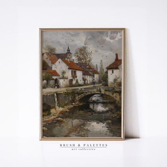 European Village River Scene Vintage Countryside Painting With Bridge Stream Red Roof Houses Rustic Wall Art For Home Decor