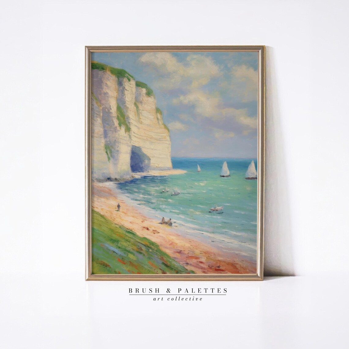 White Chalk Cliffs Sandy Beach Sailboats Turquoise Sea Print