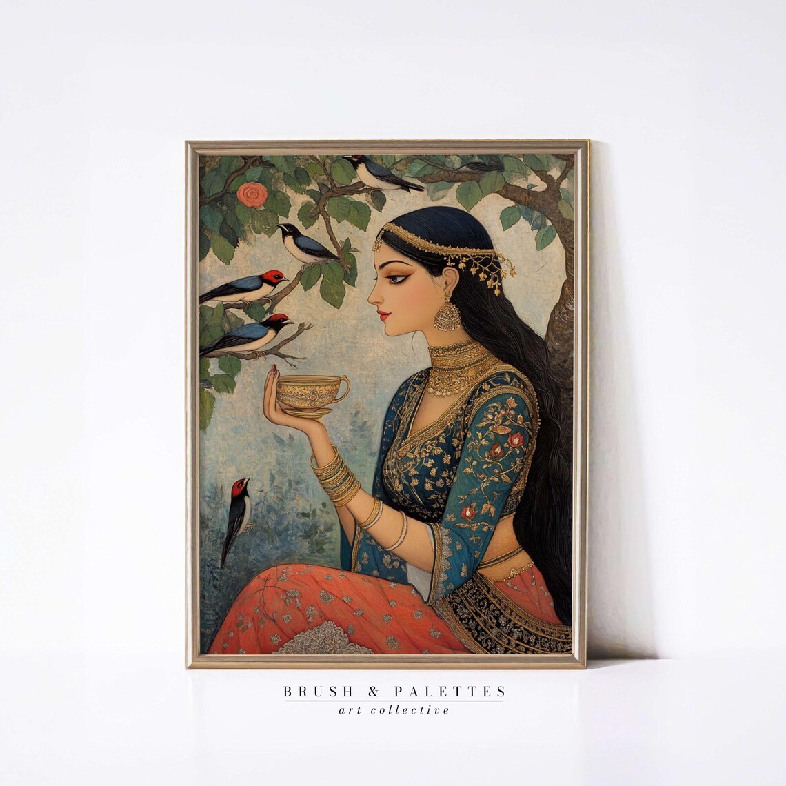Indian Woman With Teacup and Songbirds Mughal Style Painting Poster