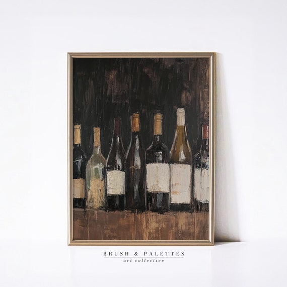 Wine Bottles Still Life Print Moody Oil Painting Wall Decor Rustic Bar Art For Kitchen Or Lodge Homes