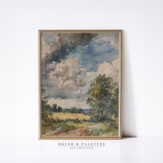 Moody Watercolor Countryside Print Cloudy Landscape Wall Art Soft Nature Decor For Rustic Minimalist Farmhouse Homes