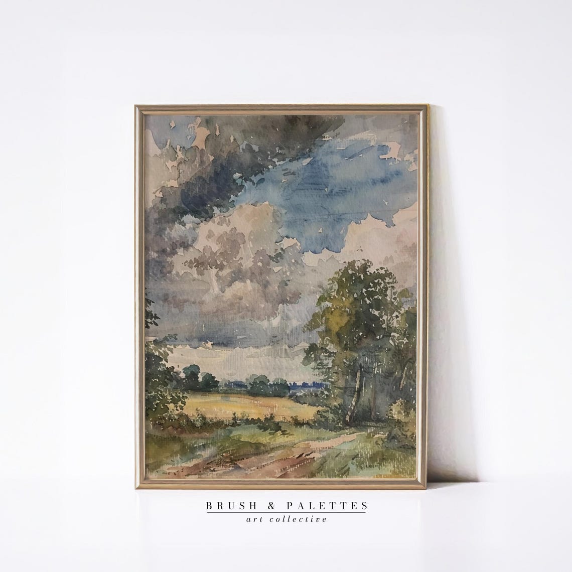 Storm Cloud Watercolor Countryside Path Dramatic Sky Painting Poster