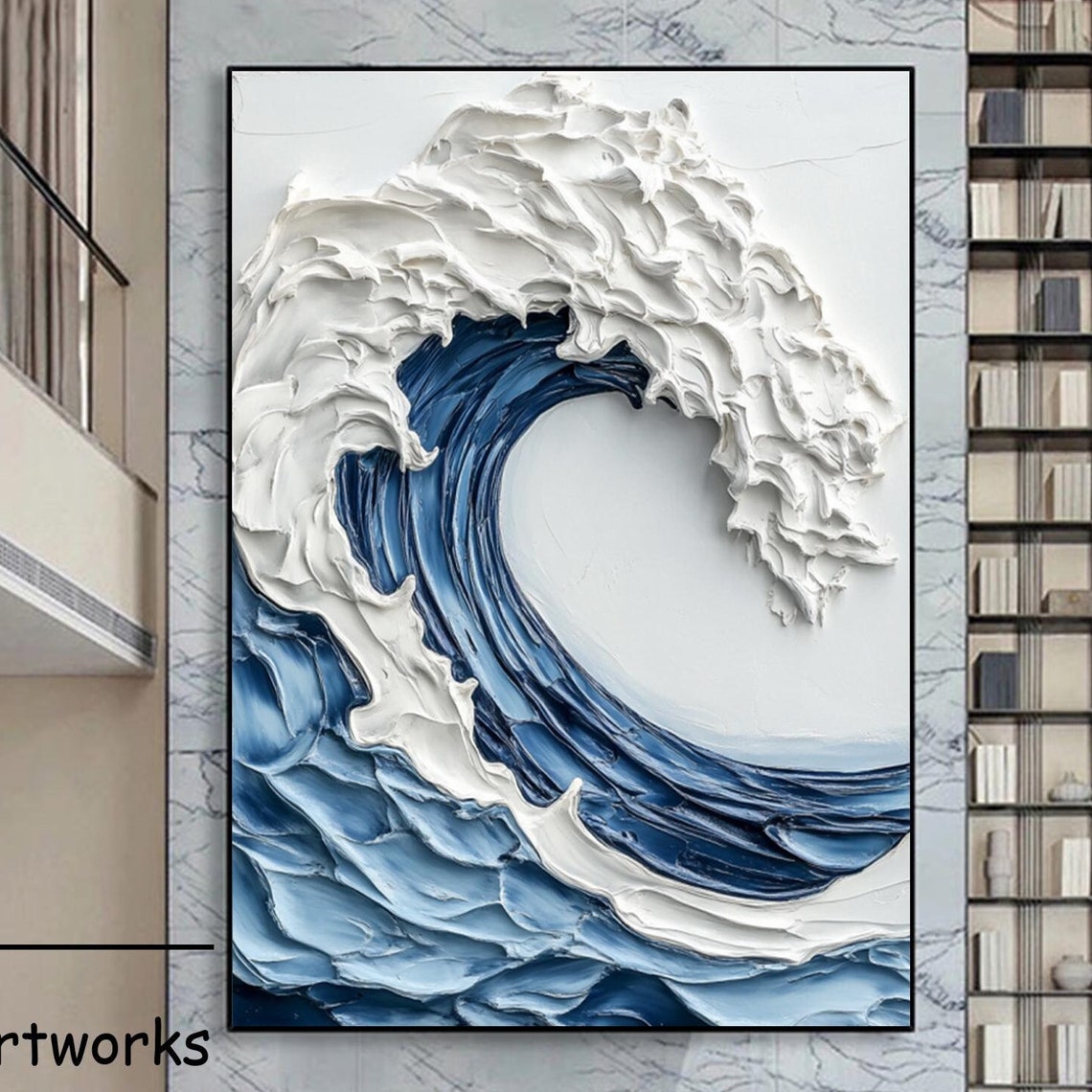 Blue White Ocean Wave Sculptural Impasto Surf Art Wall Poster