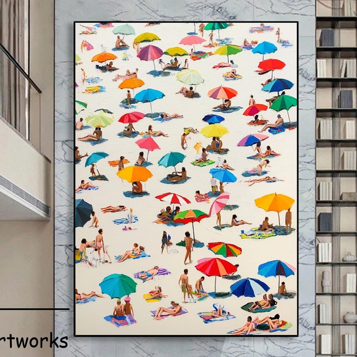 Crowded Sunny Beach Colorful Umbrellas Summer Carnival Art Poster
