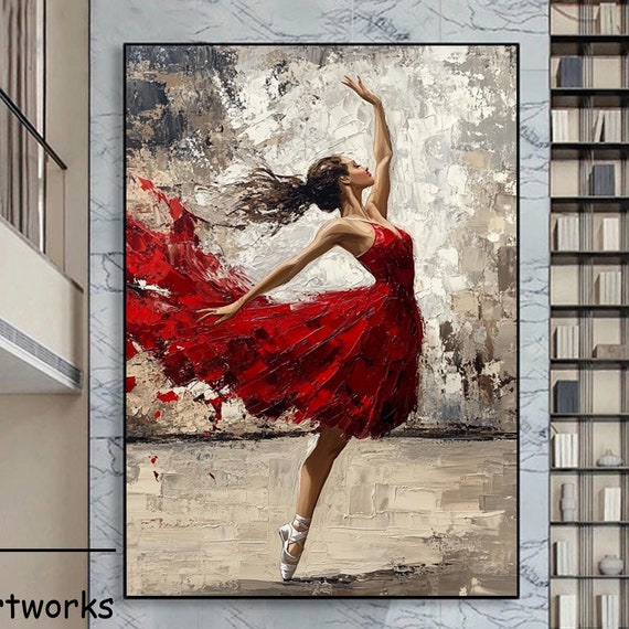 Original Beautiful Ballerina Girl Oil Painting On Abstract Texture Red Wall Art Dancing Girl Acrylic Painting Boho Wall Art Decor