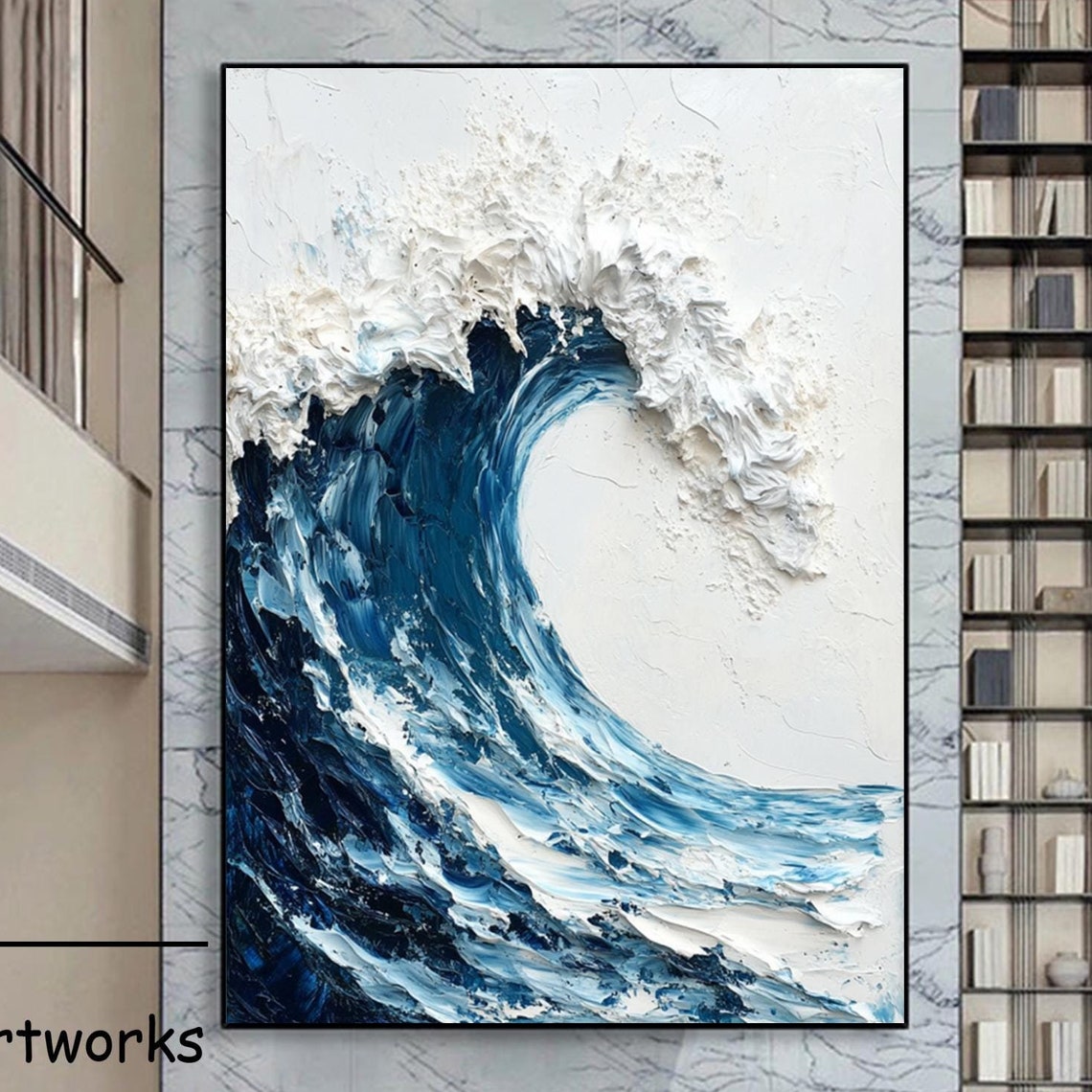 Powerful Curling Blue Ocean Wave White Crest Impasto Art Poster