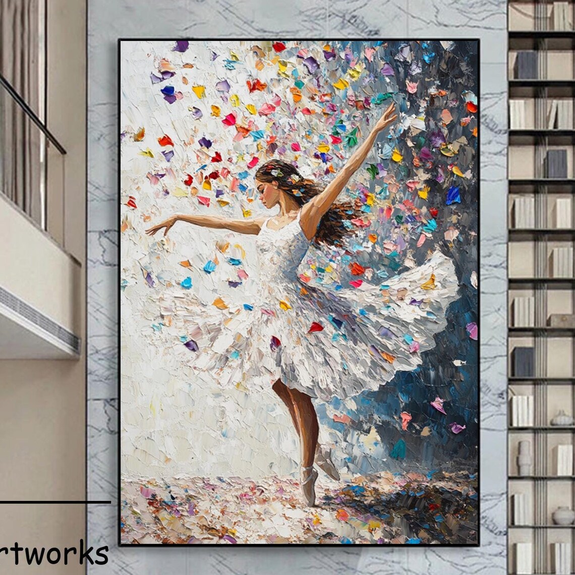 Ballerina Dancing Amid Colorful Confetti Palette Knife Art Poster