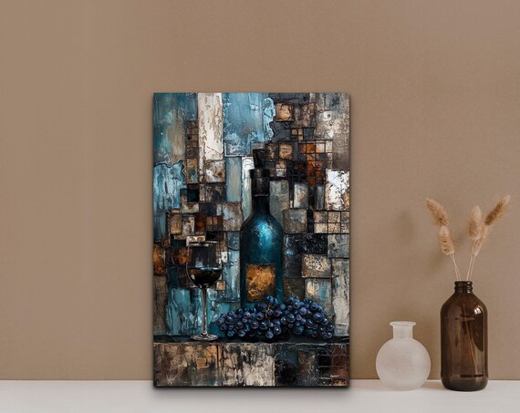 Blue Wine Bottle Glass Grapes Abstract Mosaic Still Life Poster