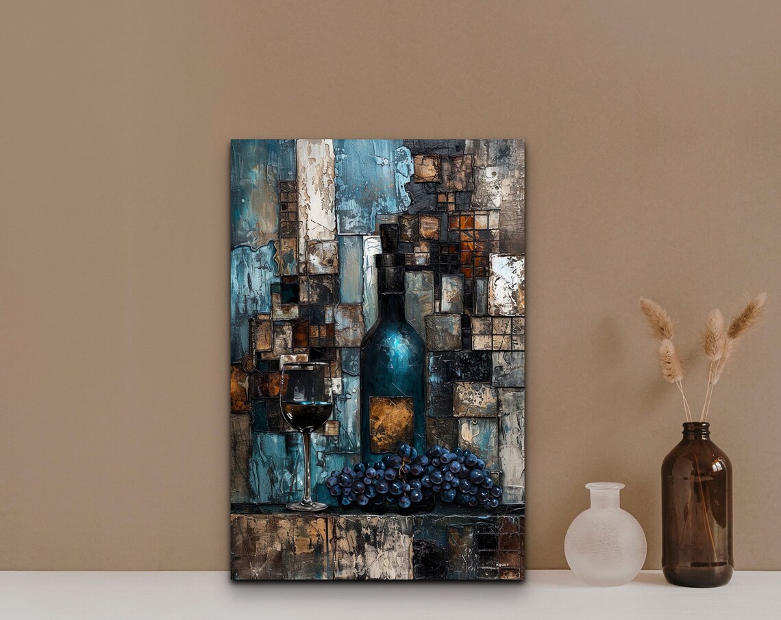 Blue Wine Bottle Glass Grapes Abstract Mosaic Still Life Poster