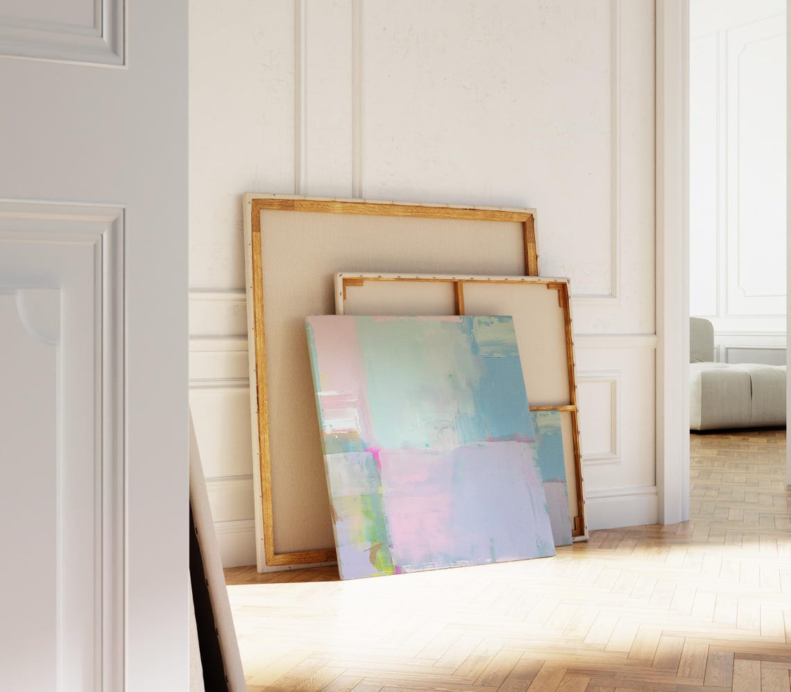 Pastel Patchwork Color Blocks Blue Pink Soft Abstract Square Wall Art - Image 4