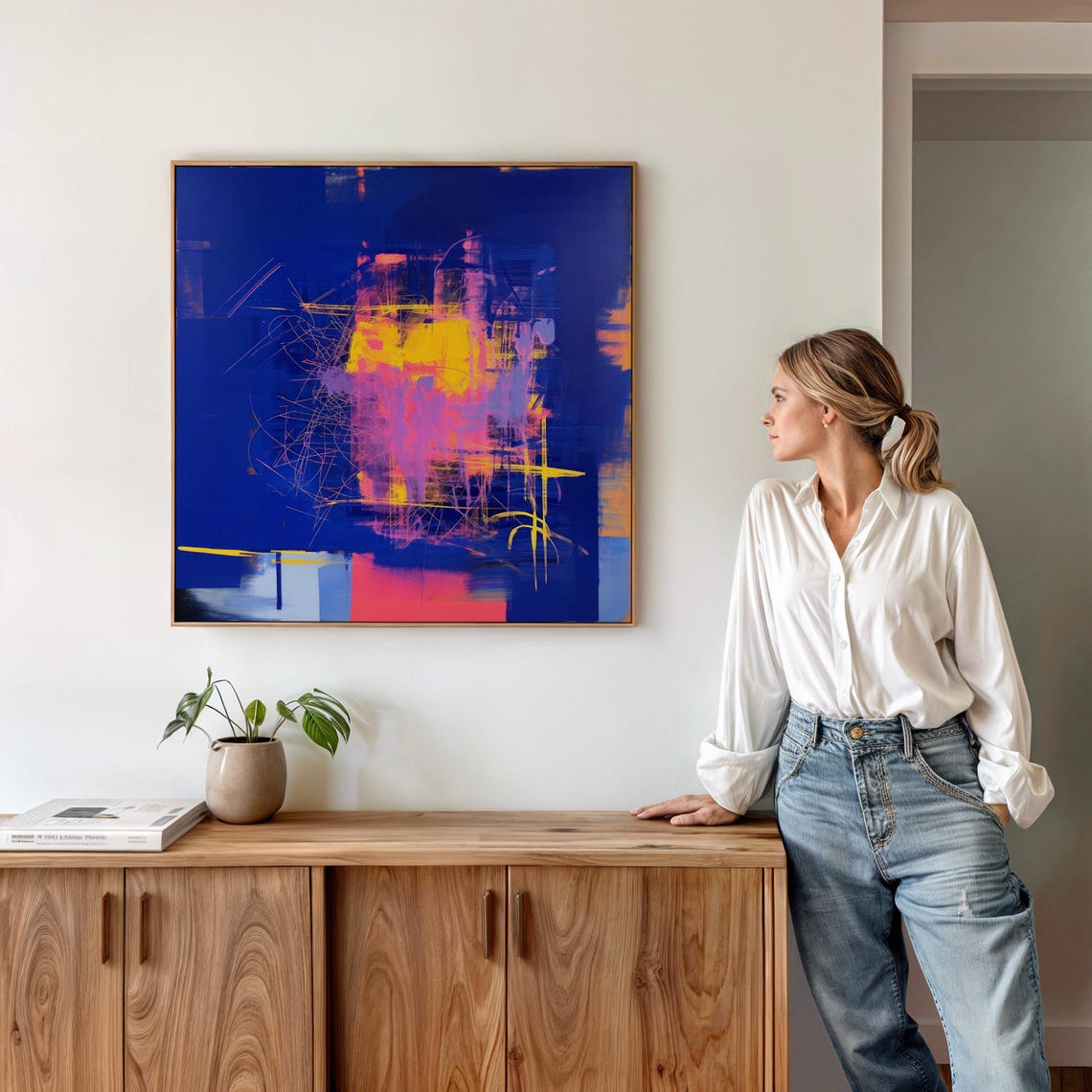 Bold Cobalt Blue Abstract With Yellow And Pink Energy Wall Art - Image 5