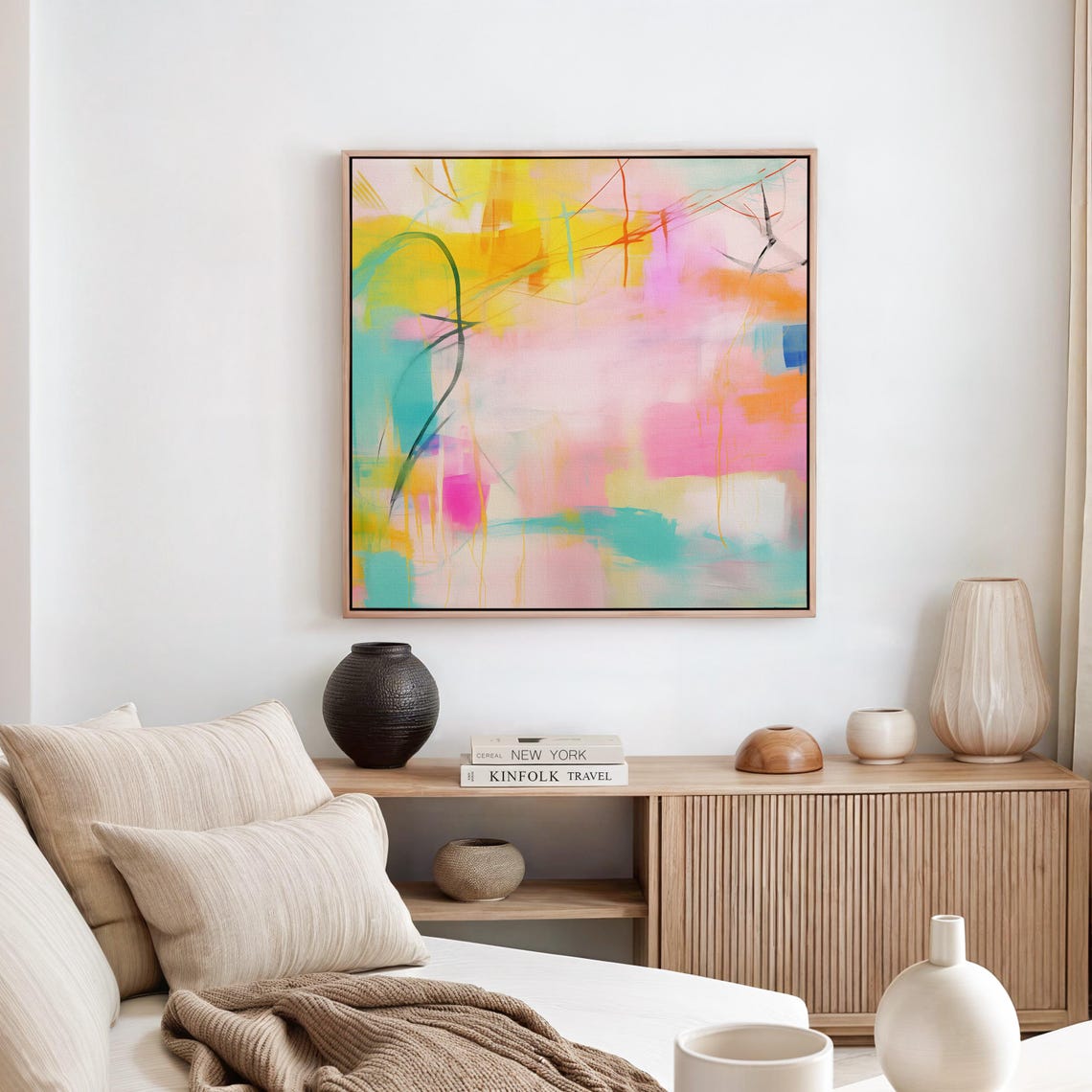 Pastel Pink Yellow Teal Abstract With Line Work Modern Print - Image 2