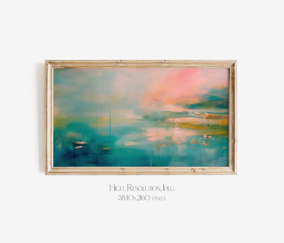 Teal Green Abstract Water Landscape With Pink Cloud Reflections Poster - Image 4