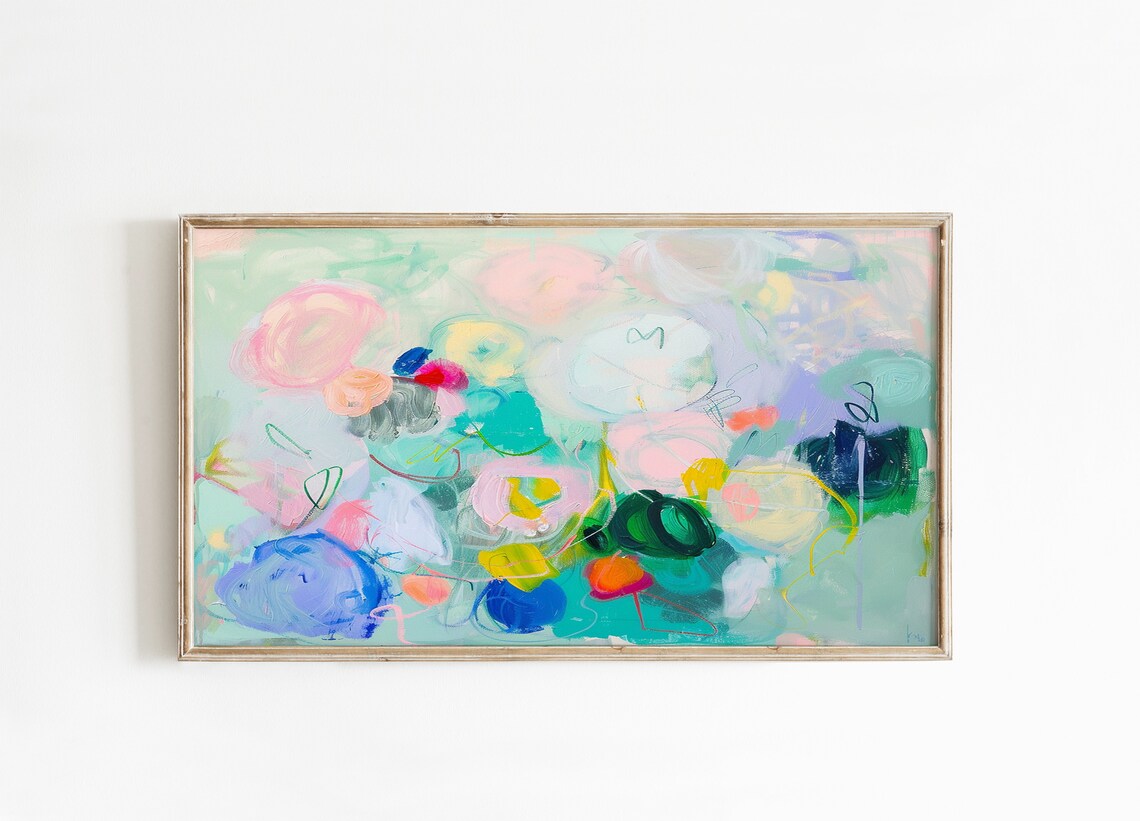 Teal Pastel Floral Blossom Colorful Abstract Oil Painting Art Print