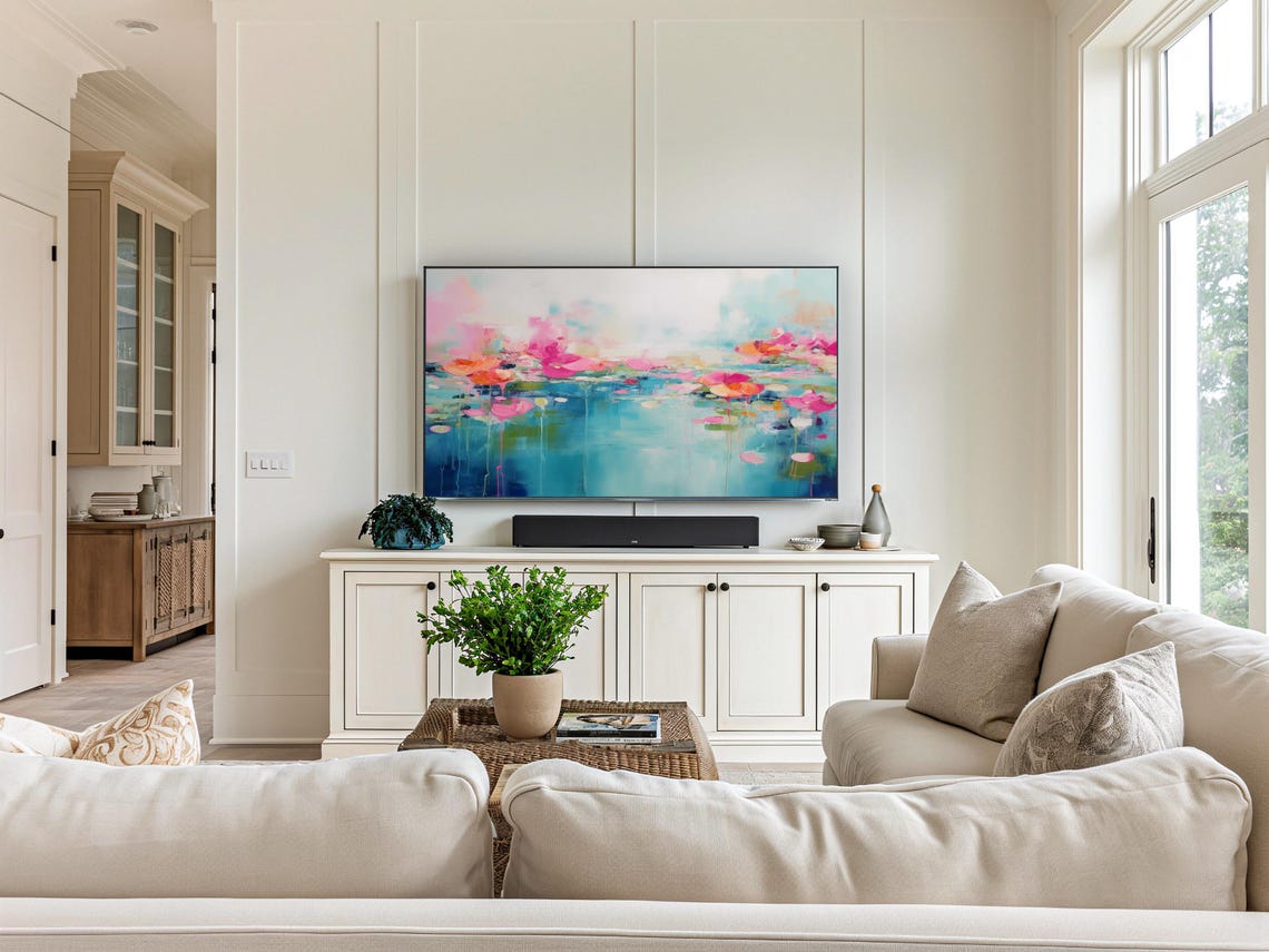 Teal Pond Abstract With Pink Blossom Clusters And Paint Drips Poster - Image 3