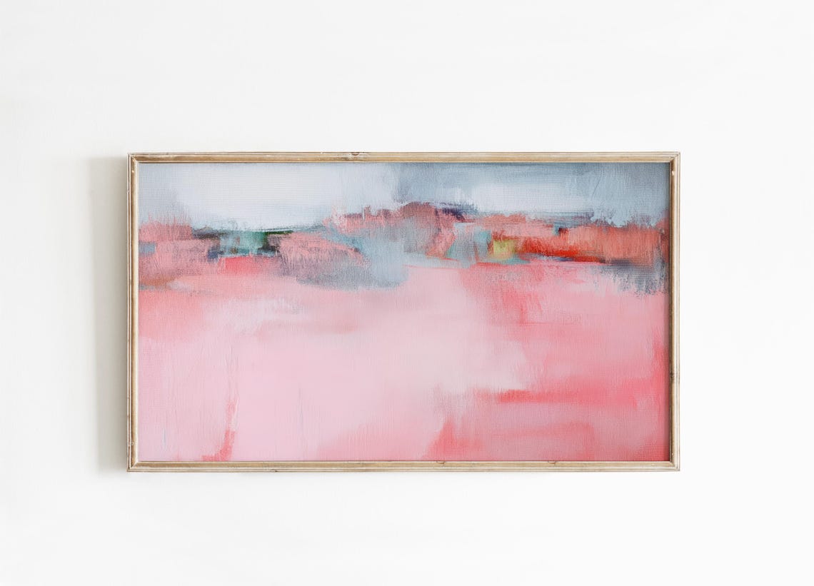 Soft Pink Abstract Painting With Red Teal Horizon Band Art Poster
