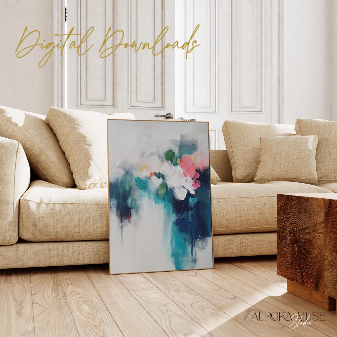 Abstract Pink Peony Bloom On Blue Grey Washes Floral Wall Art - Image 5