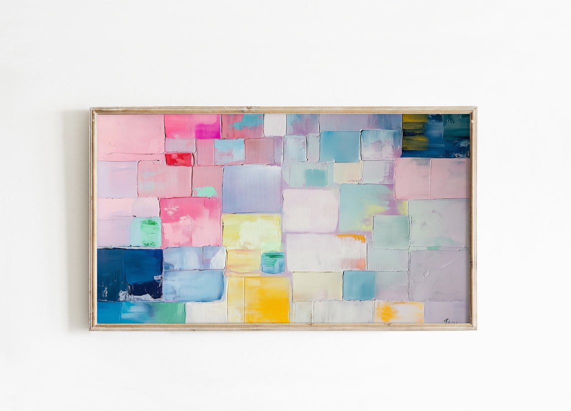 Pastel Patchwork Abstract Painting Colorful Square Mosaic Art Poster