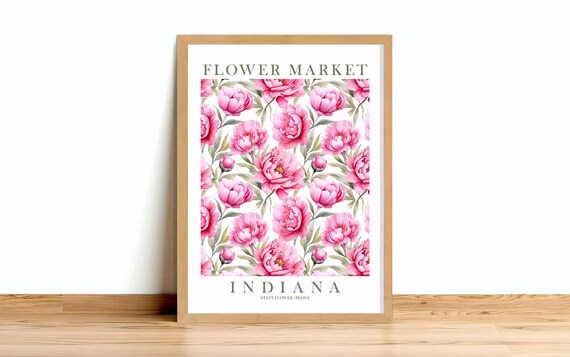 Indiana Flower Market Pink Peony State Flower Botanical Poster