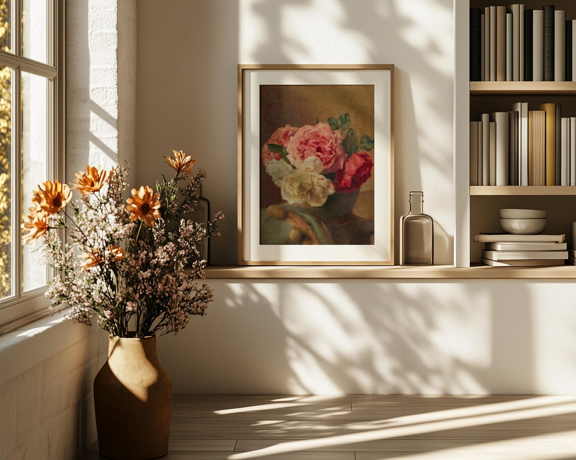 Vintage Rose Bouquet Painting Pink Red White Roses Vase Poster - Image 6