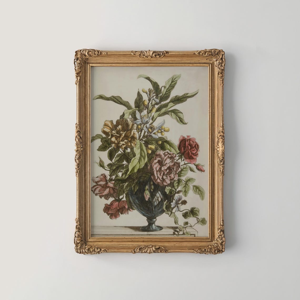 Classical Hand Colored Floral Engraving Roses Urn Vase Antique Poster