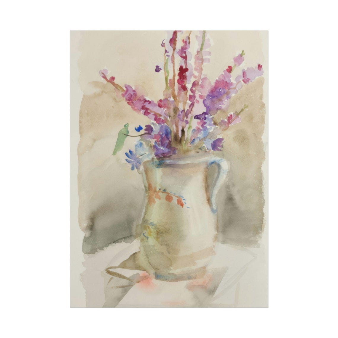 Pink Sweet Peas in Ceramic Pitcher Soft Watercolor Floral Poster