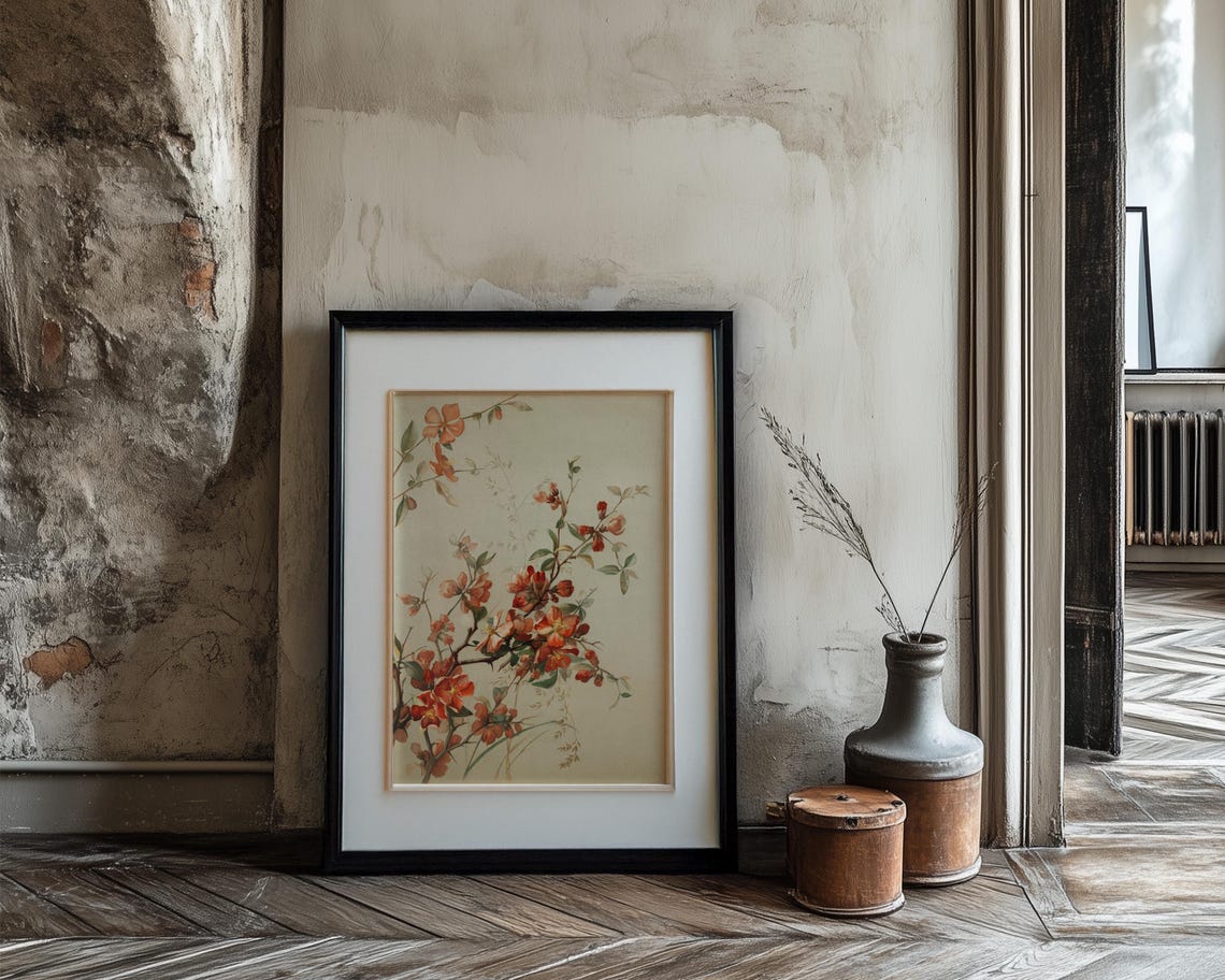 Red Quince Blossom Branch in Antique Botanical Illustration Poster - Image 3