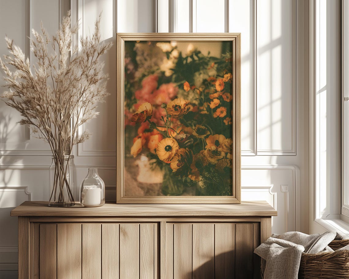 Golden Orange Ranunculus Bouquet Moody Floral Photography Print - Image 4