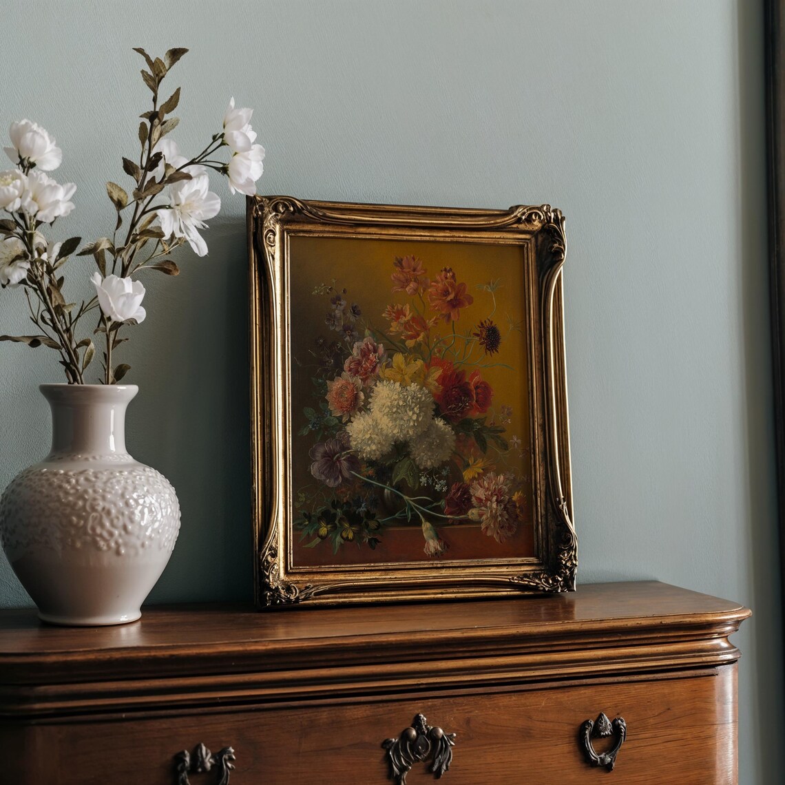 Classic Dutch Bouquet with Dahlias Golden Oil Painting Poster - Image 2