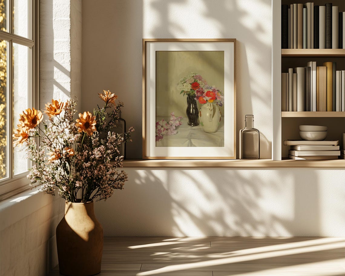 Tabletop Flower Still Life with Ceramic Jug Black Vase Poster - Image 6