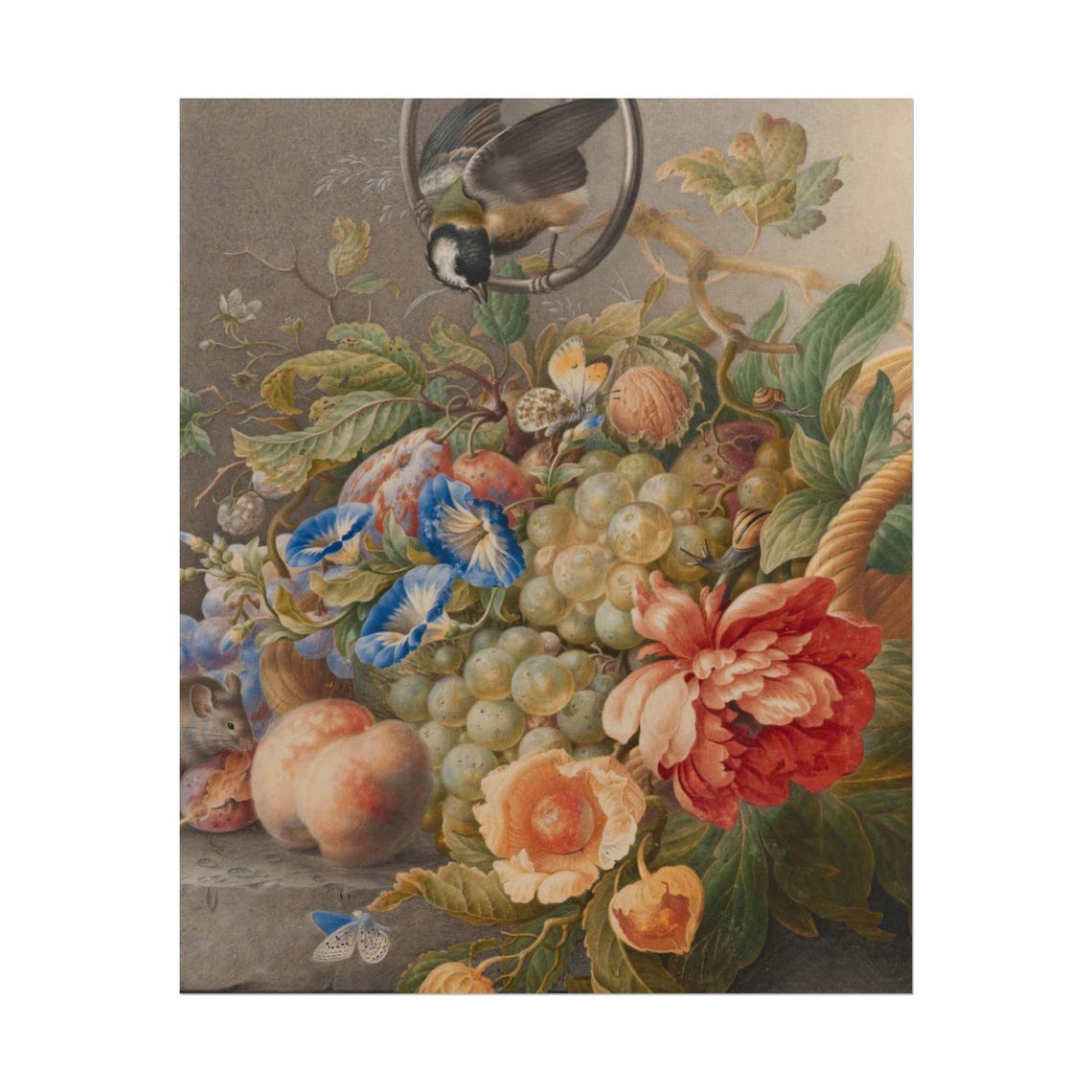 Fruit and Flower Still Life Bird Grapes Peaches Vintage Poster - Image 5