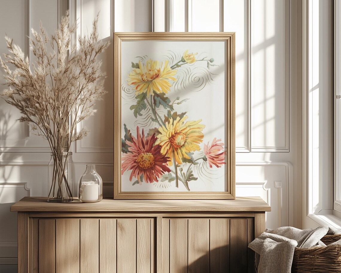 Golden Chrysanthemum Blossoms Japanese Wind Motif Floral Poster - Image 4
