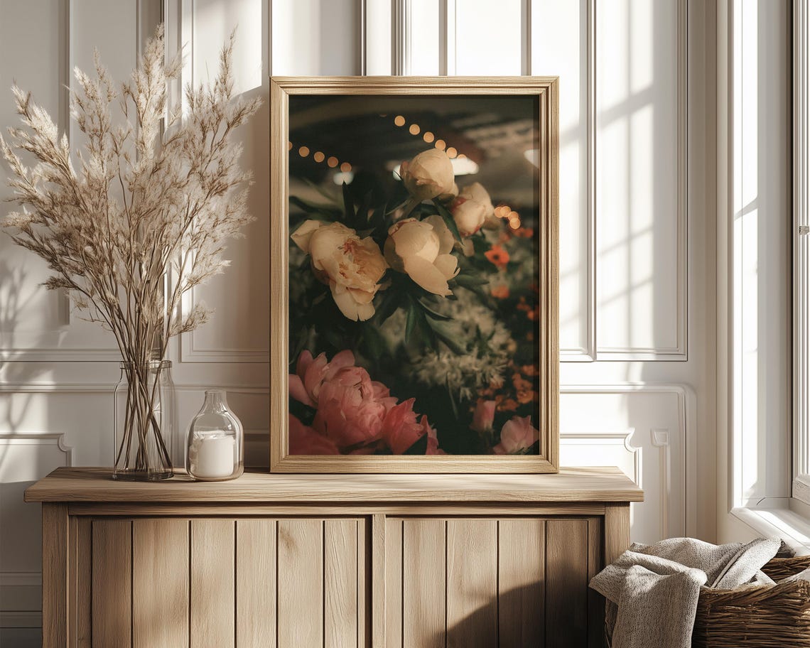 Cream And Pink Peonies With Evening Lights Moody Photograph Print - Image 4