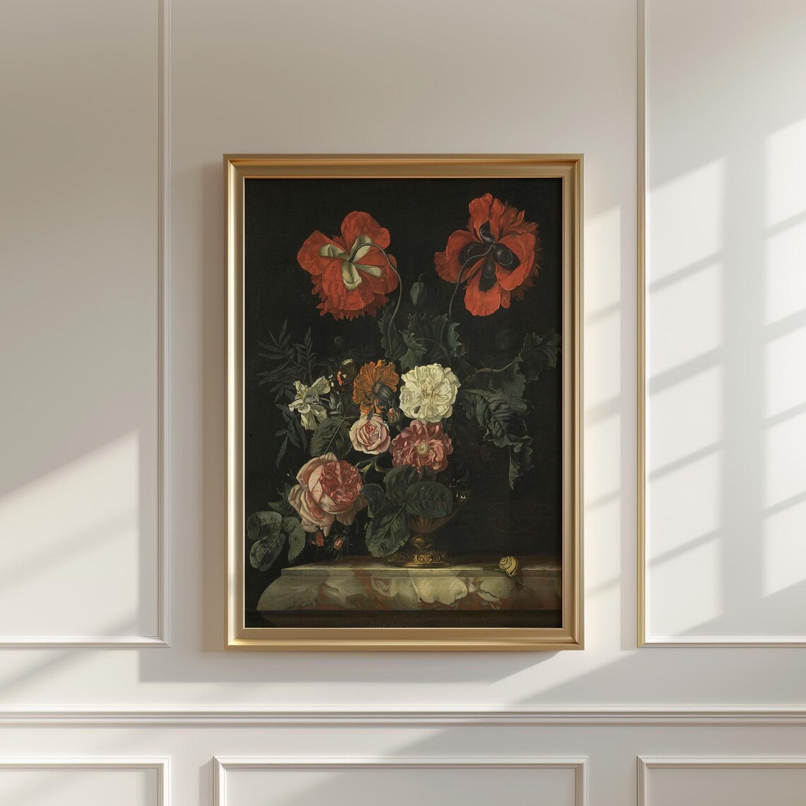 Red Poppies and Roses Dark Vintage Floral Still Life Painting Poster - Image 5