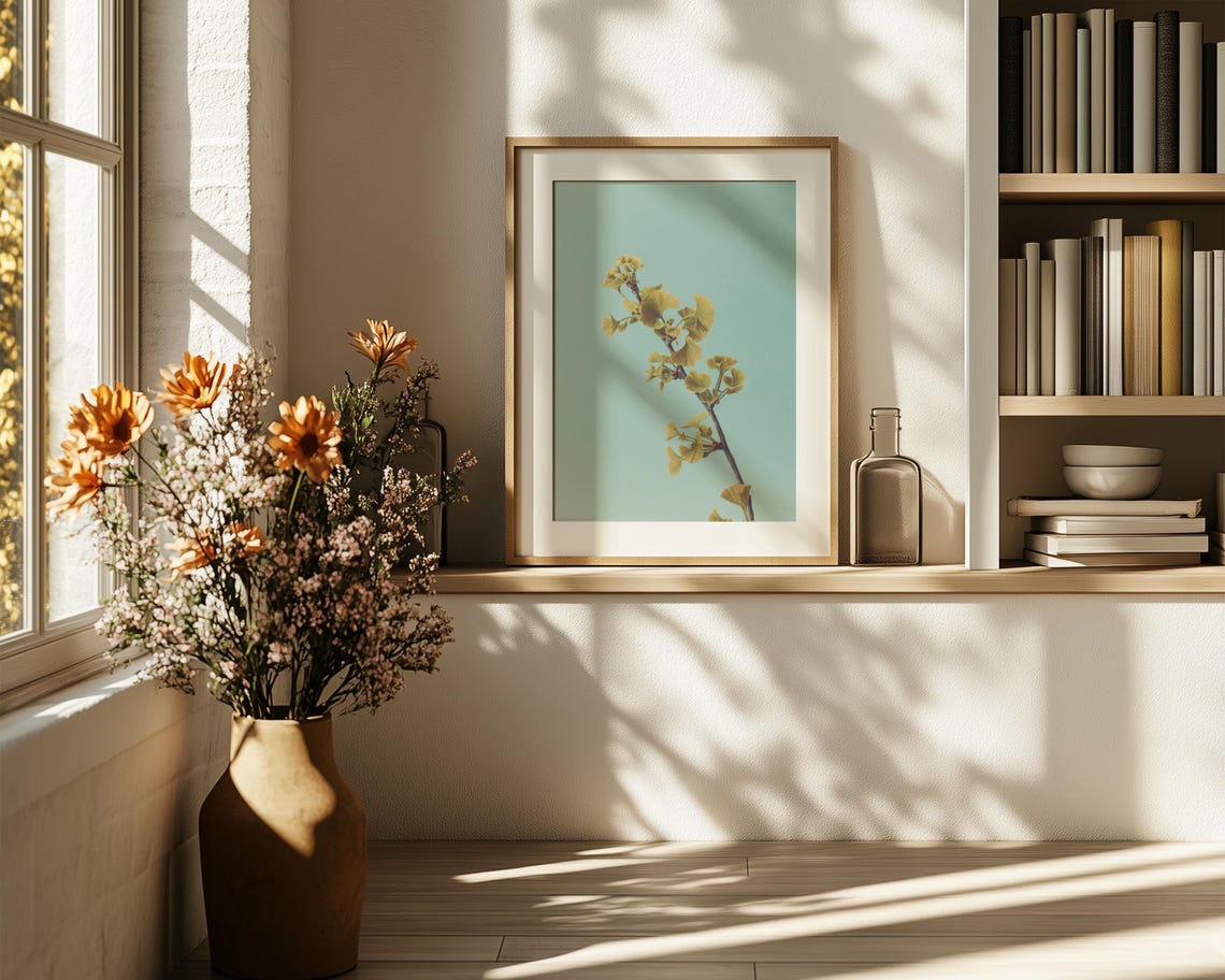 Golden Ginkgo Leaves Branch Minimalist Teal Botanical Poster - Image 6