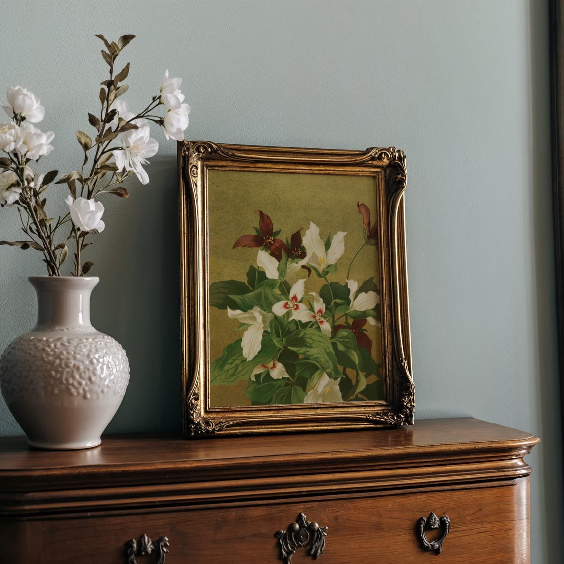 White Blossoms with Burgundy Foliage in Vintage Botanical Art Poster - Image 2