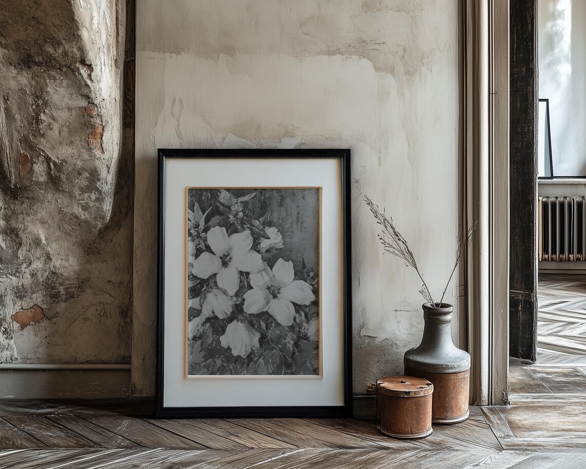 White Poppy Blooms Monochrome Vintage Floral Painting Poster - Image 3